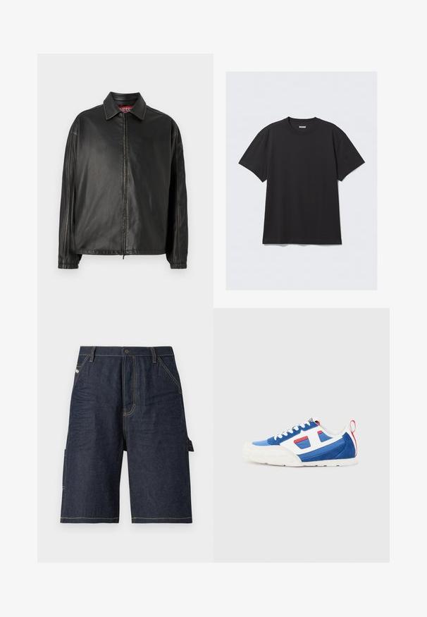 Crna kožna jakna sa prednjim zatvaračem, klasičnim okovratnikom i dugim rukavima. Ima minimalno šivanje i opušteni kroj.; Crna majica kratkih rukava od pamuka. Ima okrugli izrez i opušteni kroj. Jednostavan dizajn bez vidljivih uzoraka ili akcentskih detalja.; Tamno plave traper šortse s ravnim krojem, pet džepova, žutim šavom i bočnim džepom za dodatnu funkcionalnost.; Plave i bijele atletske tenisice s teksturiranim nubukom i mrežastim gornjim dijelom, s crvenim akcentima i kontrastnom bijelom potplatom.