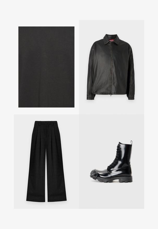 Chaqueta de cuero negra con cremallera frontal, cuello clásico y mangas largas. Presenta costuras mínimas y un diseño de corte relajado.; Camiseta negra hecha de tejido suave, con una textura lisa y un diseño básico sin patrones ni acentos.; Pantalones de pierna ancha a cuadros negros con pliegues, que presentan una textura suave y un diseño clásico. Tejido ligero para mayor confort.; Botas de combate de charol negro con un acabado brillante, diseño con cordones, suela de goma gruesa y un distintivo detalle de hardware en la parte frontal.