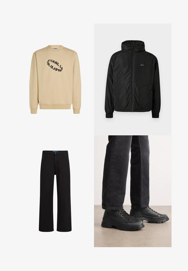 Čierna bunda s kapucňou na zips, elastickými manžetami, dvoma prednými vreckami na gombík a malou obdĺžnikovou nášivkou na ľavej hrudi.; Beige mikina s okrúhlym výstrihom. Obsahuje čierny textový dizajn v špirálovom usporiadaní. Dlhé rukávy a rebrované manžety na spodnom okraji.; Čierne nohavice rovného strihu s gombíkom a zipsom, s pútkom na opasok a bočnými vreckami, zobrazené na bielom pozadí.; Čierne šnurovacie tenisky s masívnou, struktúrovanou podrážkou a hladkým vrchným dielom. Obsahujú kovové očká a ryhovaný detail okolo prstovej časti.