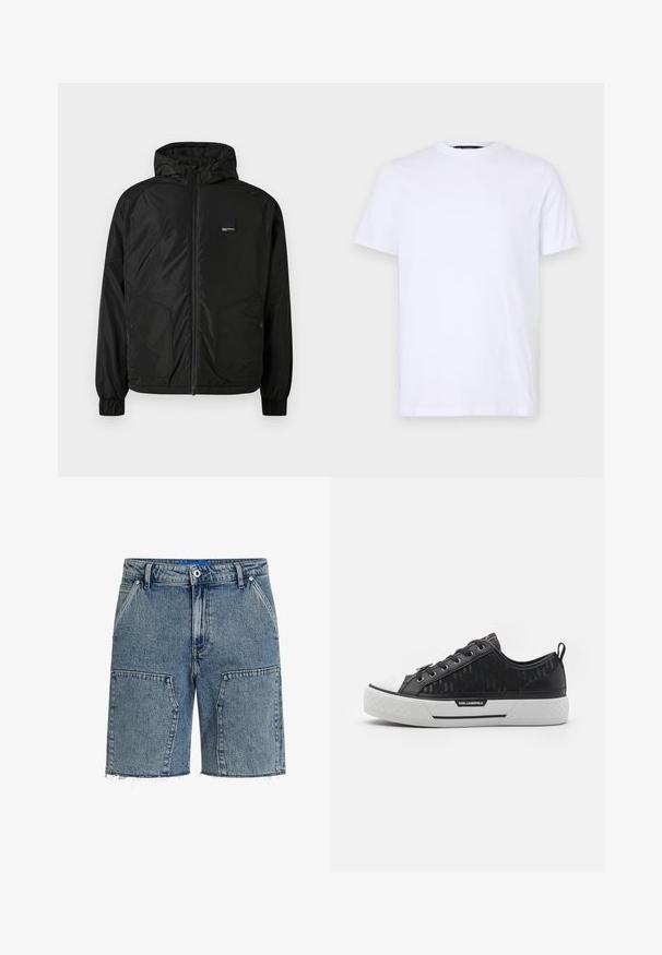 Svart zip-up hettejakke med elastiske mansjetter, to frontlommer med knapp og en liten rektangulær logo-patch på venstre bryst.; Hvit bomull t-skjorte med korte ermer, rund hals, med en subtil preget logo på venstre bryst, glatt tekstur.; Jeansshorts i lys blå, med en avslappet passform, frynset kant og store frontlommer. Laget av strukturert denimstoff.; Svart lave sneakers med mønstret kanvas-overdel, hvit gummitoe-kappe, teksturert såle og logo-aksent på siden. Metalløye for snøring.