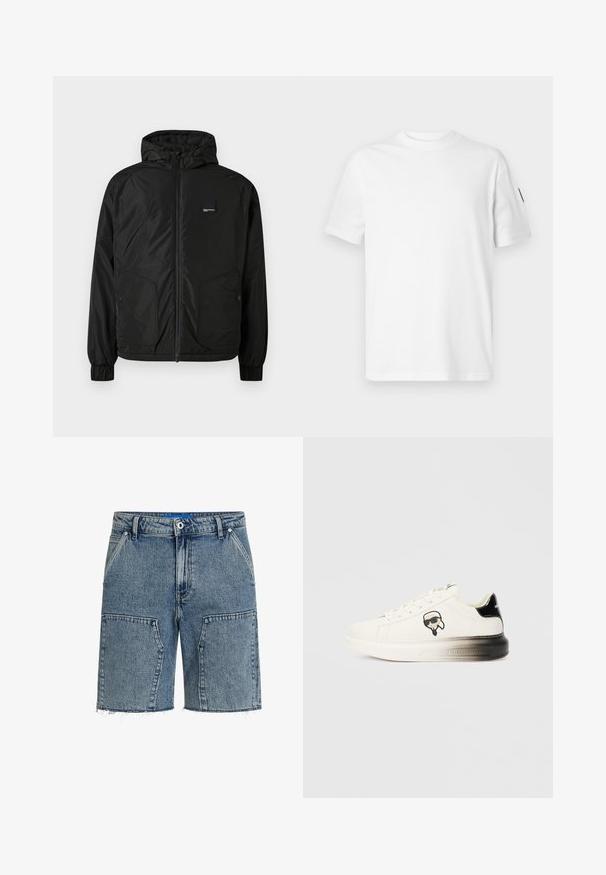 Čierna bunda s kapucňou na zips, elastickými manžetami, dvoma prednými vreckami na gombík a malou obdĺžnikovou nášivkou na ľavej hrudi.; Biela bavlnená tričko s krátkymi rukávmi a klasickým výstrihom. Na ľavom rukáve je malé čierne logo. Hladká textúra, štandardný strih.; Džínové šortky vo svetlom odtieni modrej, s volným strihom, rozstrapkaným lemom a veľkými prednými vreckami. Vyrobené z textúrovanej džínoviny.; Biele tenisky s hladkým koženým zvrškom, čiernymi akcentmi na päte a karikatúrovým logom. Majú hrubú, mierne priehľadnú podrážku.
