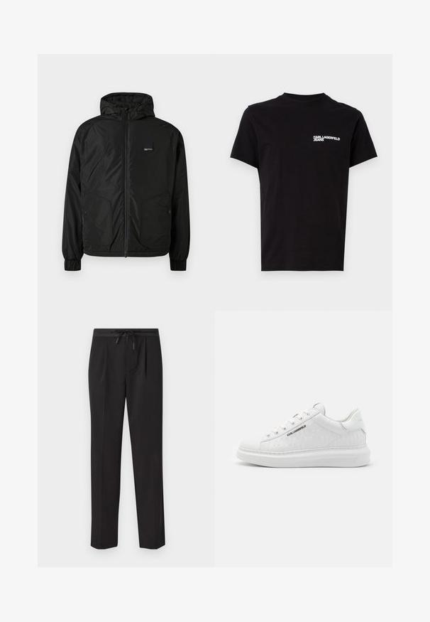 Black zip-up hooded jacket with elastic cuffs, two front buttoned pockets, and a small rectangular logo patch on the left chest.; Black t-shirt made of cotton, featuring a crew neck and short sleeves. Notable white logo text on the left chest area. Simple design.; Black trousers with a drawstring waist, featuring two front pleats, straight leg design, and no visible patterns or hardware accents.; White sneaker made of smooth leather with embossed pattern. Features round toe, lace-up front, and textured sole. Silver logo detail on side.