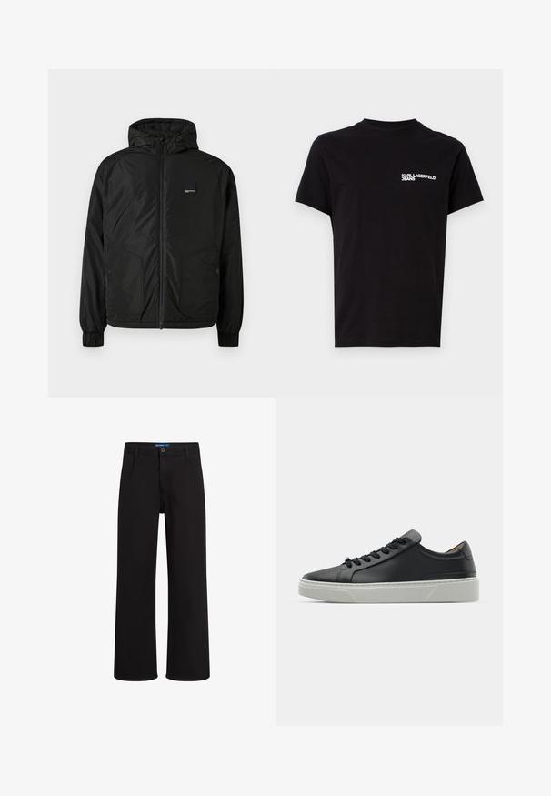 Svart zip-up huva jacka med elastiska manschetter, två framfickor med knappar och en liten rektangulär logotyp på vänster bröst.; Svart t-shirt i bomull med rund halsringning och korta ärmar. Framträdande vit logotext på vänster bröstområde. Enkelt design.; Svarta rakbenade byxor med knapplås och dragkedja, bälteshällor och sidofickor, uppvisade mot en vit bakgrund.; Svart lädersneaker med en slät yta, rund tå och svarta skosnören. Har en tjock, vit gummisula med subtila geometriska accenter.