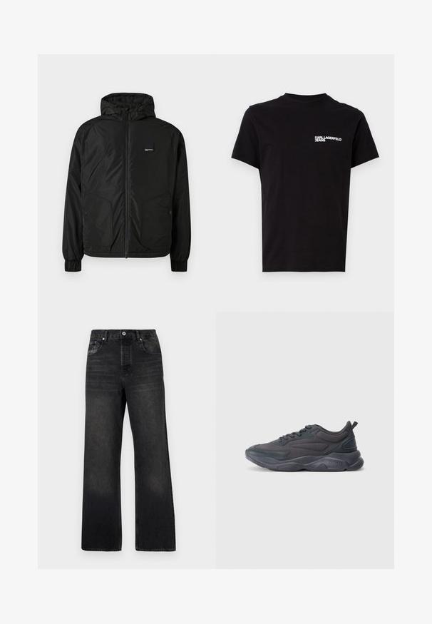 Czarna rozpinana bluza z kapturem, z elastycznymi mankietami, dwoma przednimi kieszeniami zapinanymi na guziki oraz małą prostokątną naszywką z logo na lewej piersi.; Czarna koszulka wykonana z bawełny, z okrągłym dekoltem i krótkimi rękawami. Wyjątkowy biały tekst logo na lewej części klatki piersiowej. Prosty design.; Czarne dżinsy o szerokim kroju, z przednim guzikiem i zamkiem błyskawicznym, delikatnym wyblaknięciem oraz pięcioma kieszeniami dla większej praktyczności.; Czarne buty sportowe z siateczkowej i syntetycznej cholewki, z zaokrąglonym noskiem, teksturowaną podeszwą i wyraźnym logo marki na pięcie.