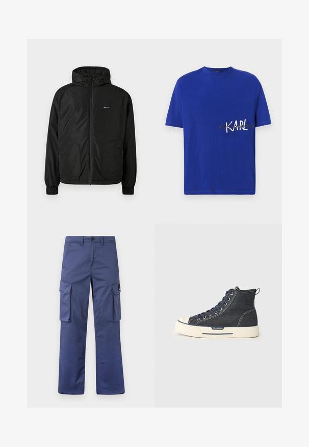 Melnā zip-up kapucēta jaka ar elastīgām piedurknēm, divām priekšējām kabatām ar pogām un mazu taisnstūrveida logo uz kreisā krūtīm.; Zila kokvilnas T-kreklu ar apaļu kakla izgriezumu. Ar baltu uzrakstu "KARL" un papildu zeltītu tekstu, īsām piedurknēm un normas piegriezumu.; Jūras spēku kravas bikses, kas izgatavotas no izturīgas auduma, ar sānu kabatām, taisnu kāju dizainu un pogu aizdari jostas vietā.; Augstie sporta apavi, izgatavoti no tumši denima ar krēmīgu gumijas zoli, ar jūras zila krāsas šņorēm un aizmugures cilpu. Logo sānos.