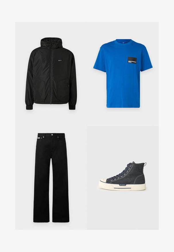 Musta vetoketjullinen huppari, jossa on elastiset hihansuut, kaksi nappilukollista etutaskua ja pieni suorakulmainen logotarra vasemmassa rinnassa.; Sininen puuvillapaita, jossa on pyöreä kaula-aukko ja lyhyet hihat. Paidassa on musta neliön muotoinen tasku, jossa on valkoinen logo-teksti. Pinta on sileä.; Mustat farkut leveällä lahkeella, joissa on viisi taskua ja metalliset napit. Sileä pinta, ei näkyviä kuvioita.; Korkeat tennarit, jotka on valmistettu tummasta farkkukangasta, jossa on kerma-valkoinen kumipohja. Nauhat ovat laivastonsiniset ja takana on vetotuki. Sivulla on logo.