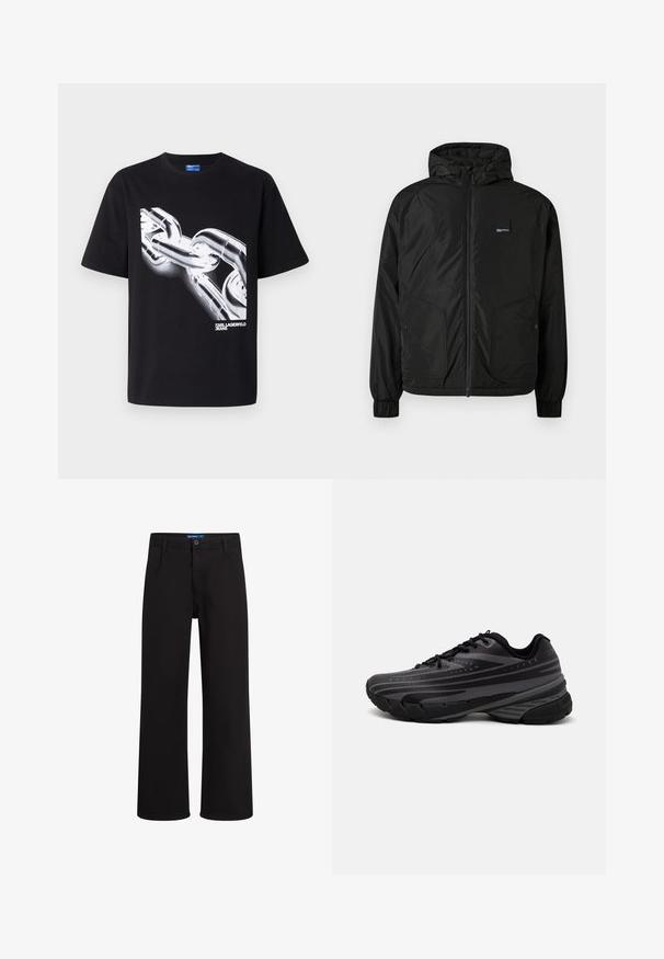 Juodas užtrauktuku užsegamas gobtuvu švarkas su elastinėmis rankovėmis, dviem priekinėmis mygtukinėmis kišenėmis ir mažu stačiakampiu logotipo ženklu kairėje krūtinės pusėje.; Juodas medvilnės marškinėliai su balta grafika, vaizduojančia grandinę, ir tekstu "KARL LAGERFELD JEANS" moderniu, ryškiu šriftu apačioje.; Juodos tiesios kojos kelnės su mygtuko ir užtrauktuko uždarymu, diržo kilpos ir šoninės kišenės, pateiktos prieš baltą foną.; Juodas bėgimo batelis su tekstūruotu viršumi, kuriame yra pilkos juostos. Storas padas amortizacijai, apvalus pirštas ir plokščios raištelės tvirtam prigludimui.