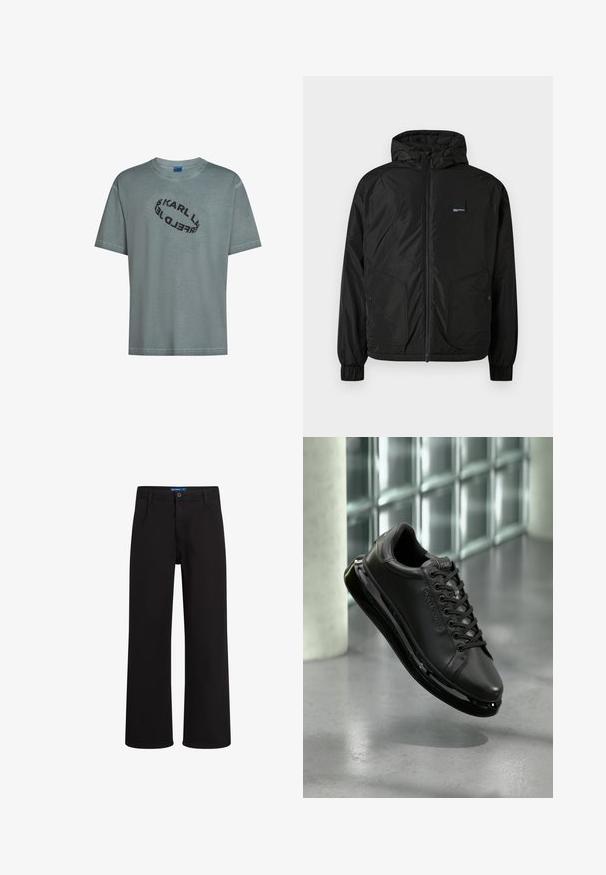 Juodas užtrauktuku užsegamas gobtuvu švarkas su elastinėmis rankovėmis, dviem priekinėmis mygtukinėmis kišenėmis ir mažu stačiakampiu logotipo ženklu kairėje krūtinės pusėje.; Šviesiai žalia medvilninė marškinėlių palaidinė su laisvu pritaikymu. Priekyje puikuojasi juodas ovalus logotipas su užrašu "KARL LAGERFELD" krūtinės srityje. Trumpomis rankovėmis.; Juodos tiesios kojos kelnės su mygtuko ir užtrauktuko uždarymu, diržo kilpos ir šoninės kišenės, pateiktos prieš baltą foną.; Juodas odinis sportbačiai su raišteliais, su paminkštintu padu ir atspindinčiais akcentais. Batas pakibęs virš lygaus paviršiaus.
