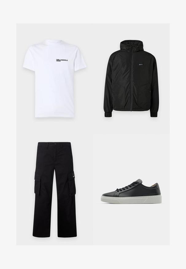 Black zip-up hooded jacket with elastic cuffs, two front buttoned pockets, and a small rectangular logo patch on the left chest.; White cotton t-shirt featuring short sleeves, a crew neckline, and a black "KARL LAGERFELD JEANS" logo on the left chest area.; Black cargo pants made of durable fabric, featuring a straight leg design, side pockets, and a button closure.; Black leather sneaker with a smooth texture, round toe, and black laces. Features a thick, white rubber sole with subtle geometric accents.