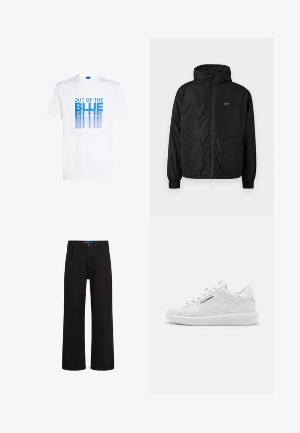 Črna jopica z zadrgo in kapuco, z elastičnimi manšetami, dvema sprednjima žepoma na gumb in majhnim pravokotnim logotipom na levem prsnem delu.; Bela bomba z bombažem s plavim grafičnim tiskom, ki vsebuje besedilo "OUT OF THE BLUE" in navpične črte. Okroglo izrezan ovratnik, kratke rokave.; Črne hlače ravnega kroja z gumbom in zadrgo, z zankami za pas in stranskimi žepi, prikazane na beli podlagi.; Bela športna obutev iz gladke usnjene površine z embosiranim vzorcem. Ima okroglo konico, vezanje spredaj in teksturiran podplat. Srebrni logotip na strani.