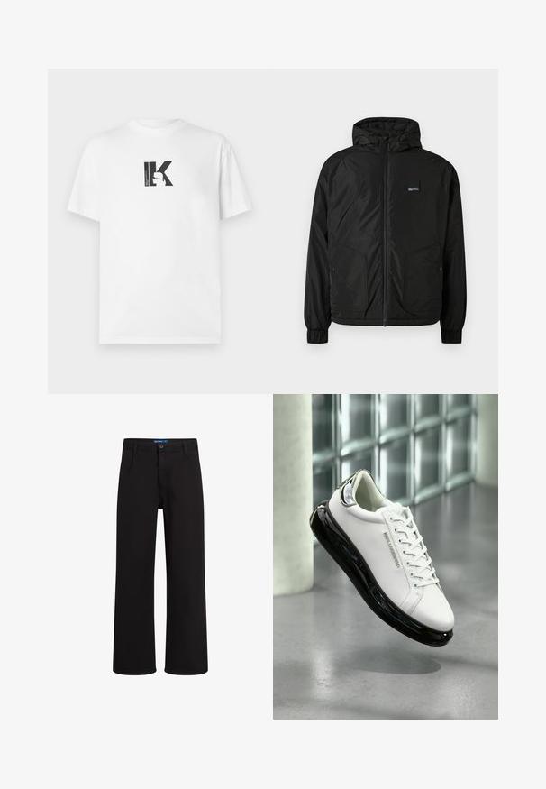 Svart zip-up hettejakke med elastiske mansjetter, to frontlommer med knapp og en liten rektangulær logo-patch på venstre bryst.; Hvit bomulls t-skjorte med en svart grafisk design med bokstaven "K" og en profilerte silhuett foran. Korte ermer og rund hals.; Sorte rettbente bukser med knapp- og glidelås lukking, beltehemper og sidelommer, vist mot hvit bakgrunn.; Hvite lær sneakers med svart gummisåle og gjennomsiktige detaljer. Har snøring og preget logo, plassert mot en grå gulv.
