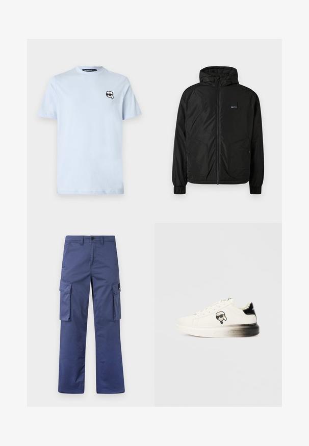 Melnā zip-up kapucēta jaka ar elastīgām piedurknēm, divām priekšējām kabatām ar pogām un mazu taisnstūrveida logo uz kreisā krūtīm.; Gaiši zils kokvilnas T-krekls ar īsām piedurknēm, apaļu kakla izgriezumu un mazu melnbaltu grafiku ar seju, kas valkā saulesbrilles, kreisajā krūtī.; Jūras spēku kravas bikses, kas izgatavotas no izturīgas auduma, ar sānu kabatām, taisnu kāju dizainu un pogu aizdari jostas vietā.; Baltas sneakeris ar gludu ādas virsu, melniem akcentiem uz papēža un karikatūras logotipu. Iespējams biezs, nedaudz caurspīdīgs zole.