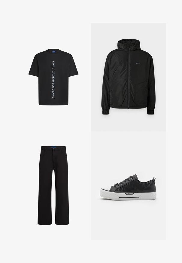 Svart zip-up hettejakke med elastiske mansjetter, to frontlommer med knapp og en liten rektangulær logo-patch på venstre bryst.; Svart bomull t-skjorte med vertikal hvit tekst som leser "KARL LAGERFELD JEANS." Klassisk rund hals og korte ermer. Glatt tekstur.; Sorte rettbente bukser med knapp- og glidelås lukking, beltehemper og sidelommer, vist mot hvit bakgrunn.; Svart lave sneakers med mønstret kanvas-overdel, hvit gummitoe-kappe, teksturert såle og logo-aksent på siden. Metalløye for snøring.