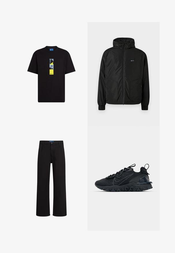 Musta vetoketjullinen huppari, jossa on elastiset hihansuut, kaksi nappilukollista etutaskua ja pieni suorakulmainen logotarra vasemmassa rinnassa.; Musta puuvillapaita, jossa on pyöreä kaula-aukko. Edessä on pystysuuntainen graafinen suunnittelu, jossa yhdistyvät sininen, keltainen ja musta.; Mustat suorat housut, joissa on nappi- ja vetoketjukiinnitys, vyölenkit ja sivutaskut, esitettynä valkoista taustaa vasten.; Mustat urheilukengät, joissa on hengittävä verkkomateriaali, kuvioidut yksityiskohdat ja aallokkomuotoinen kumipohja. Varustettu heijastavalla logolla ja nauhajalustalla.