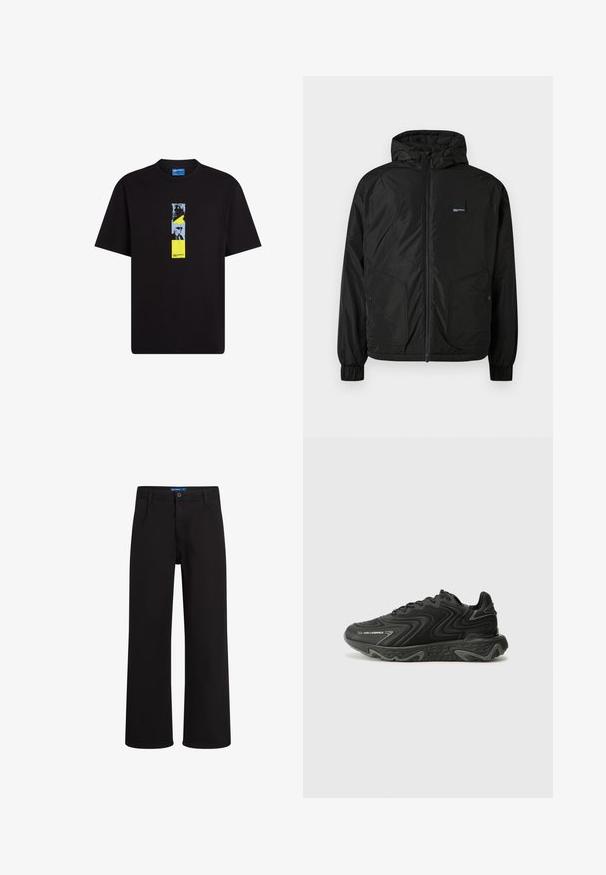 Sort zip-up hættejakke med elastiske manchetter, to frontlommer med knaplukning og et lille rektangulært logo-patch på venstre bryst.; Sort bomulds T-shirt med rund hals. Foran har den et vertikalt grafisk design, der kombinerer blå, gul og sorte elementer.; Sorte lige bukser med knap- og lynlåslukning, bæltestropper og sidelommer, præsenteret mod en hvid baggrund.; Sorte sneakers med en bølget tekstur og grå detaljer. Har en snørebåndsdesign og en chunky, skulptural sål. Branding er synlig på siden.