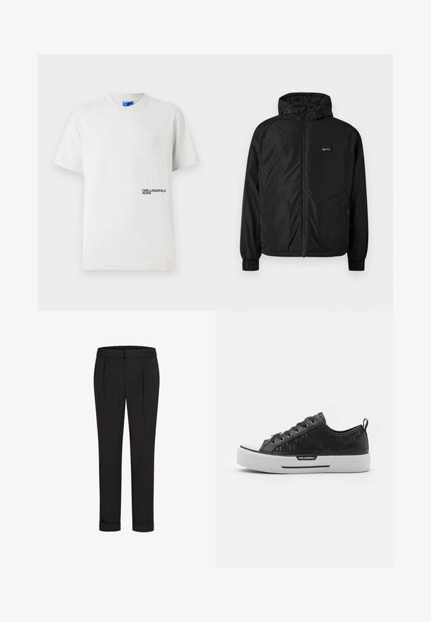 Juodas užtrauktuku užsegamas gobtuvu švarkas su elastinėmis rankovėmis, dviem priekinėmis mygtukinėmis kišenėmis ir mažu stačiakampiu logotipo ženklu kairėje krūtinės pusėje.; Balta medvilninė marškinėlių su apvalia iškirpte ir trumpomis rankovėmis. Yra juodas užrašas "KARL LAGERFELD JEANS" spausdintas kairėje pusėje.; Juodi kelnių su elastinga juosmena, tiesaus kirpimo ir sukurtomis rankovėmis. Pagaminti iš lygaus, audinio be raštų.; Juodas žemas sportinis batelis su raštuota kanapių viršumi, baltu guminiu nosies dangteliu, tekstūruotu padu ir logotipo akcentu šone. Metaliniai aklai raištams.
