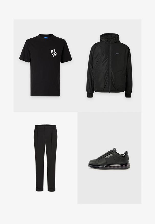 Črna jopica z zadrgo in kapuco, z elastičnimi manšetami, dvema sprednjima žepoma na gumb in majhnim pravokotnim logotipom na levem prsnem delu.; Črna bombažna majica s belim grafičnim motivom na levem prsnem predelu. Ovratnik v krogu, kratke rokave in klasična krojena zasnova.; Črne hlače z elastičnim pasom, s pravimi nogavicami in zavihanimi manšetami. Narejene so iz gladkega, tkanega materiala brez vzorcev.; Črne snežne čevlje z gladkim usnjenim zgornjim delom, zaobljenim toeom in vezalnim dizajnom. Imajo prozoren, oblazinjen podplat z temnim gradijentom.