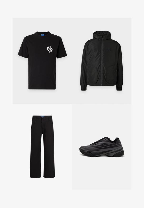 Černá mikina na zip s kapucí, elastickými manžetami, dvěma předními kapsami na knoflíky a malou obdélníkovou nášivkou na levém prsu.; Černé bavlněné tričko s bílou grafikou na levé hrudi. Kulatý výstřih, krátké rukávy a klasický střih.; Černé kalhoty rovného střihu s knoflíkovým a zipovým zapínáním, poutky na opasek a bočními kapsami, vystavené na bílém pozadí.; Černá běžecká bota s texturovaným svrškem zdobeným šedými pruhy. Silná podešev pro odpružení, kulatá špička a ploché tkaničky pro bezpečné uchycení.