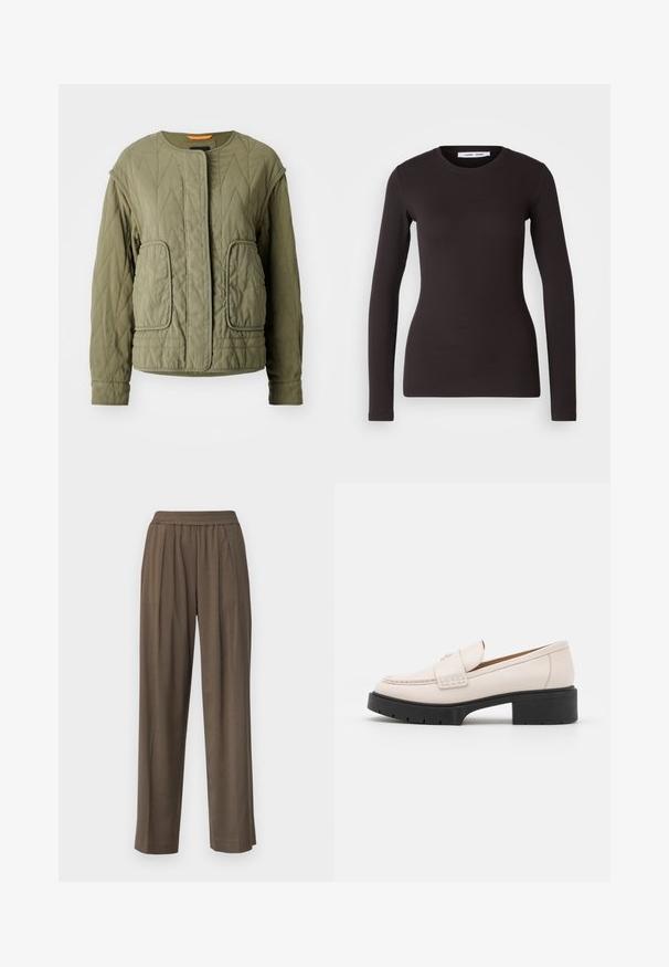 Kohvriga oliivroheline jakk, ümmarguse kaelusega, ees taskud ja sile tekstuur. Omab rombikujulist tikkimist ja täielikku lukku.; Pikkade varrukatega must topp, mis on valmistatud pehmest ja venivast kangast. Sellel on ümmargune kaelus ja kitsas lõige, sile tekstuur ja ei ole nähtavaid mustreid.; Pruunid laiad püksid, millel on elastne vöökoht ja esised voldid, valmistatud siledast kangast, pakkudes mugavat lõiget.; Heled paar heleda beezžilederist valmistatud mokassiinide, millel on õmmeldud esiosa ja tekstureeritud must platvormkonts. Omab kaardus disaini ja kerget tõstet.