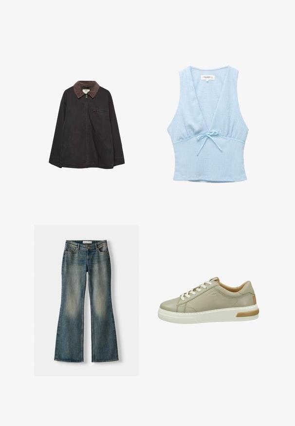 Dark, soft jacket with a corduroy collar, zip closure, two front pockets, and a zippered chest pocket. Features a relaxed fit design.; Light blue crop top with a textured fabric, deep V-neck, and small bow tie detail at the waist. Sleeveless design with a fitted shape.; Blue flared jeans with a faded wash, five pockets, and a button closure. Material shows a denim texture with subtle stitching details.; camel active Trainers - light taupe