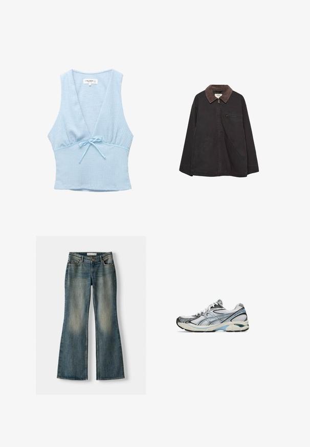 Mörk, mjuk jacka med en kordflamidkrage, dragkedjestängning, två framfickor och en ficka på bröstet med dragkedja. Har en avslappnad passform.; Ljust blå crop top i en texturerad tyg, med djup V-ringning och en liten fluga vid midjan. Axellös design med en figursydd form.; Blå utsvängda jeans med en blekt tvätt, fem fickor och knappstängning. Materialet visar en denimstruktur med subtila sömdetaljer.; Löparskor med ovandel i mesh i vitt och grått, accentuerat med svarta detaljer och blå ränder. Tjock sula med gummitraktion. Lättviktig design.