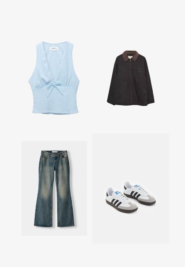 Tmavá, měkká bunda s koženým límcem, zapínáním na zip, dvěma předními kapsami a kapsou na zip na hrudi. Má volný střih.; Světle modrý crop top s texturovanou látkou, hlubokým V výstřihem a malou mašlí v oblasti pasu. Bezrukávový design s přiléhavým střihem.; Modré zvonové džíny se zesvětleným práním, pěti kapsami a zapínáním na knoflík. Materiál vykazuje denimovou strukturu s jemnými detaily šití.; Sportovní boty s bílým koženým svrškem, šedou semišovou špičkou a třemi černými pruhy. Obsahují modré logo na jazyku a texturovanou gumovou podrážku.
