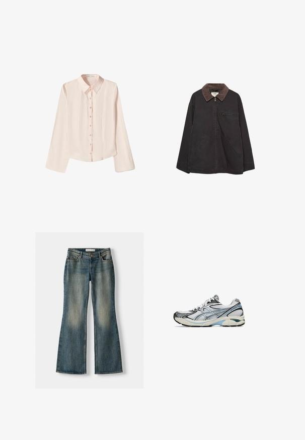 Tmavá, měkká bunda s koženým límcem, zapínáním na zip, dvěma předními kapsami a kapsou na zip na hrudi. Má volný střih.; Světle růžová blůza s dlouhým rukávem, špičatým límcem a zapínáním na knoflíky. Má mírně zakřivený lem a strukturovaný povrch.; Modré zvonové džíny se zesvětleným práním, pěti kapsami a zapínáním na knoflík. Materiál vykazuje denimovou strukturu s jemnými detaily šití.; Běžecká obuv s vrškem z síťoviny v bílé a šedé barvě, zvýrazněná černými detaily a modrými pruhy. Silná podešev s gumovou trakční vrstvou. Lehký design.