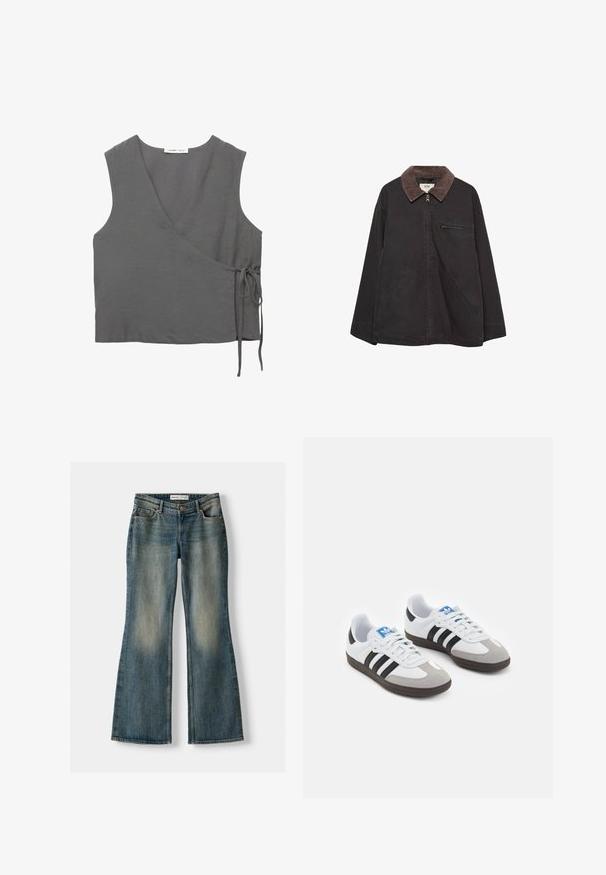 Dunkle, weiche Jacke mit einem Cordkragen, Reißverschluss, zwei Fronttaschen und einer Reißverschlusstasche auf der Brust. Hat ein entspanntes Schnittdesign.; Grauer ärmelloser Wickeloberteil aus leichtem Stoff, mit V-Ausschnitt und einer Bindung an der Seite. Glatte Textur, einfaches Design.; Blaue Schlagjeans mit einem ausgewaschenen Look, fünf Taschen und einem Knopfverschluss. Das Material zeigt eine Denim-Textur mit dezenten Stickdetails.; Sportschuhe mit einem Obermaterial aus weißem Leder, grauer Wildleder-Zehenkappe und drei schwarzen Streifen. Sie verfügen über ein blaues Logo auf der Zunge und eine strukturierte Gummisohle.