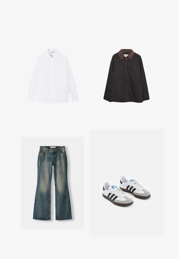 Dunkle, weiche Jacke mit einem Cordkragen, Reißverschluss, zwei Fronttaschen und einer Reißverschlusstasche auf der Brust. Hat ein entspanntes Schnittdesign.; Weißes, langärmeliges Hemd aus glatter Stoffqualität. Verfügt über einen großen Kragen, eine Knopfverschlüsse und breite Ärmel mit einem lockeren Schnitt.; Blaue Schlagjeans mit einem ausgewaschenen Look, fünf Taschen und einem Knopfverschluss. Das Material zeigt eine Denim-Textur mit dezenten Stickdetails.; Sportschuhe mit einem Obermaterial aus weißem Leder, grauer Wildleder-Zehenkappe und drei schwarzen Streifen. Sie verfügen über ein blaues Logo auf der Zunge und eine strukturierte Gummisohle.