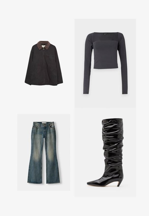 Tmavá, měkká bunda s koženým límcem, zapínáním na zip, dvěma předními kapsami a kapsou na zip na hrudi. Má volný střih.; Dlouhý rukáv, zkrácený top v tmavě šedé látce s hladkou texturou. Má čtvercový výstřih a přiléhavý střih.; Modré zvonové džíny se zesvětleným práním, pěti kapsami a zapínáním na knoflík. Materiál vykazuje denimovou strukturu s jemnými detaily šití.; Černá, lesklá kožená vysoká bota po kolena s nařasenou strukturou, špičatou špičkou a nízkým kuželovým podpatkem. Hladký materiál s jemným leskem.