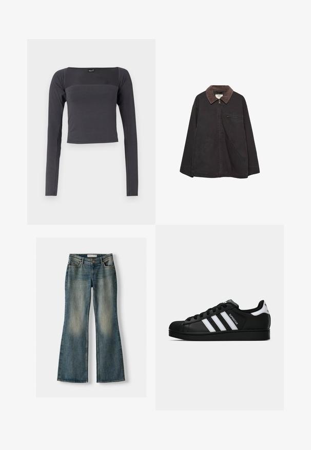 Tumma, pehmeä takki, jossa on samettikaulus, vetoketjukiinnitys, kaksi etutaskua ja vetoketjullinen rintatasku. Ominaisuuksiin kuuluu rento istuvuus.; Pitkähihaisesta, lyhyestä t-paidasta tummanharmaasta kankaasta, joka on sileä tekstuuriltaan. Siinä on neliön muotoinen kaula-aukko ja tiukka muotoilu.; Siniset leveälahkeiset farkut, joissa on haalistunut pesu, viisi taskua ja nappikiinnitys. Materiaalissa on farkkukangas, jossa on hienovaraisia ompeluyksityiskohtia.; Musta Adidas Superstar -lenkkari, jossa on valkoiset raidat, kuorisuoja ja "Superstar"-teksti sivussa, esitetty sivuprofiilissa valkoista taustaa vasten.