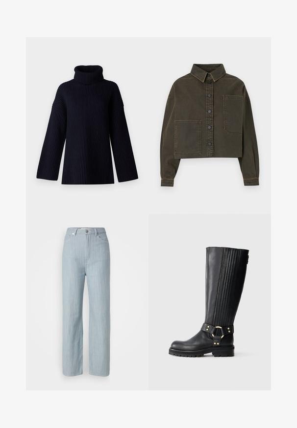 Kratka denim jakna v temno zeleni barvi z gumbom spredaj, pointed ovratnikom in velikim žeparenjem na prsih. Ima kontrastno šivanje in dolge rokave.; Mornarsko modra pulover s turtleneck iz ribane tkanine, širokimi rokavi in sproščenim krojem. Mehka tkanina in minimalističen dizajn.; Svijetloplave traperice ravnog kroja. Imaju pet džepova, metalno kopčanje na dugme i suptilno izbjeljivanje za teksturu.; Črne usnjene škornje do kolen z elastičnim trakom, robustnim podplatom in okrasnim pasom z zlatim kovinskim obročem in zakovicami.