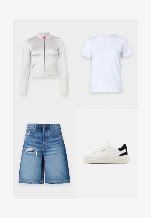 Balta satīna jaku ar rāvējslēdzēju, garām piedurknēm, pielāgotu dizainu, ribinātu apkakli un sarkanu logotipa detaļu kaklā. Gluda tekstūra ar minimālu spīdumu.; Balta kokvilnas T-krekls, īsas piedurknes, klasiskas apaļas kakla izgriezuma dizains, vienkārša tekstūra bez ornamentiem vai akcentiem, standarta piegriezums, vienkāršs un daudzveidīgs.; Zili džinsu šorti ar brīvu piegriezumu, kas piedāvā nodilušu plīsumu kreisajā augšstilbā un standarta jostasvietu, noslēdzoties vidukļa garumā.; Baltas ādas sporta apavi ar biezu balto zoli, melna zamša uzpura un izspiestais logotips sānos. Šņorējuma dizains ar sešiem acu caurumiem.