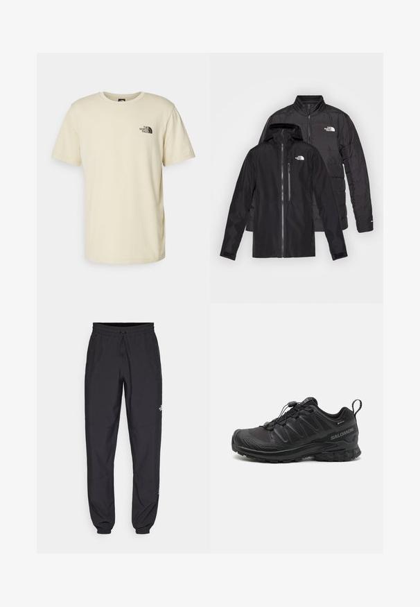 Mustat ulkoilutakit pinottuna: vettä hylkivä takki, jossa on huppu ja vetoketjulliset taskut, paksun eristetyn takin päällä, jossa on vaakasuorat ompeleet.; Vaaleanbeige puuvillapaita, jossa on pyöreä pääntie ja lyhyet hihat. Vasemmassa rinnassa on musta logo painettuna. Yksinkertainen, klassinen malli.; Mustat urheiluhousut, jotka on valmistettu kevyestä kankaasta. Housuissa on naru vyötäröllä, sivutaskut ja kapenevat hihnat nilkoissa.; Musta urheilukenkä, jossa on teksturoitu synteettinen päällinen, pehmustettu pohja ja nopea nauhoitusjärjestelmä. Varustettu vahvistetulla varpaalla ja kantapäällä.