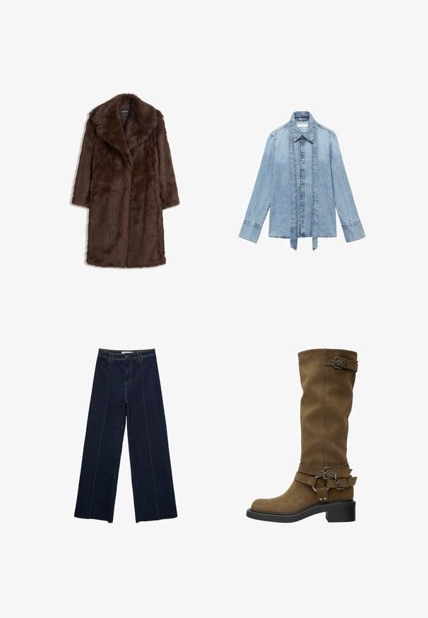 Smeđa kaput od umjetnog krzna s širokim ovratnikom, dugim rukavima i srednjom duljinom, s mekim, teksturiranim završetkom.; Svijetloplavi traper košulja dugih rukava s prednjim zatvaranjem na dugmad, oštrim ovratnikom i produženim vertikalnim traper trakama koje vise duž linije dugmadi.; Hlače od tamnog jeansa s širokim nogavicama, kontrastnim šavovima, visokim strukom i ravnim krojem. Imaju prednje džepove i klasično zatvaranje na gumb.; Visoki smeši čizme od antilopa sa zaobljenim vrhom, crnom gumenom đonom i dekorativnim kopčama oko okvira i gležnja. Glatka tekstura, bez vidljivih uzoraka.