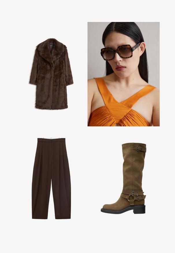 Brązowy płaszcz z sztucznego futra z szerokim kołnierzem, długimi rękawami i średniej długości krojem o miękkim, teksturowanym wykończeniu.; Jasnoniebieska dżinsowa koszula z długim rękawem z zapięciem na guziki z przodu, wygiętym kołnierzykiem i przedłużonymi pionowymi paseczkami dżinsowymi zwisającymi wzdłuż linii guzików.; Brązowe spodnie z wysokim stanem z zakładkami, wykonane z gładkiego materiału. Luźny krój, prosta nogawka, z różkami na pasek i suwakiem.; Wysoki brązowy zamszowy but z okrągłym noskiem, czarną gumową podeszwą i dekoracyjnymi klamrami wokół cholewki i kostki. Gładka faktura, brak widocznych wzorów.; Brązowe okulary przeciwsłoneczne w tortoise shell o dużym prostokątnym oprawie i gradientowych soczewkach. Złota detalacja logo po boku.; Brązowa torebka zamszowa z długim skórzanym paskiem, srebrnymi akcentami, prostokątnym kształtem i płaską klapą z centralnym ozdobnym elementem.