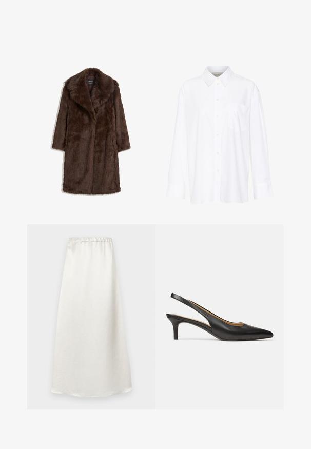 Brun faux fur frakke med bred krave, lange ærmer og et mellemlangt design med en blød, tekstureret overflade.; Hvid langærmet skjorte med krave lavet af bomuld. Har en knaplukning fortil og en enkelt brystlomme. Glat tekstur, afslappet pasform.; Hvid, ankel-lang nederdel lavet af et glat, let stof med en samlet talje og en subtil tekstureret finish.; Sort læder slingback-pumps med spids tå og lav kitten-hæl, vist fra siden på en ens hvid baggrund.