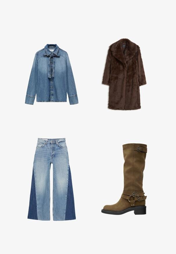Hnedý kabát z umelého kožúška s širokým golierom, dlhými rukávmi a strednou dĺžkou, s jemným textúrovaným povrchom.; Svetlomodrá denimová košeľa s dlhými rukávmi, so zapínaním na gombíky a s viazanou mašľou na golieri. Obsahuje klasickú denimovú textúru a šitie.; Široké nohavice vyrobené z modrého denimu, obsahujúce gradientný dizajn s svetlomodrými a tmavomodrými panelmi. Klasické päťvreckové prevedenie a predný zips.; Vysoká hnedá semišová čižma s okrúhlou špičkou, čiernou gumenou podrážkou a dekoratívnymi prackami okolo hornej časti a členka. Hladký povrch, bez viditeľných vzorov.