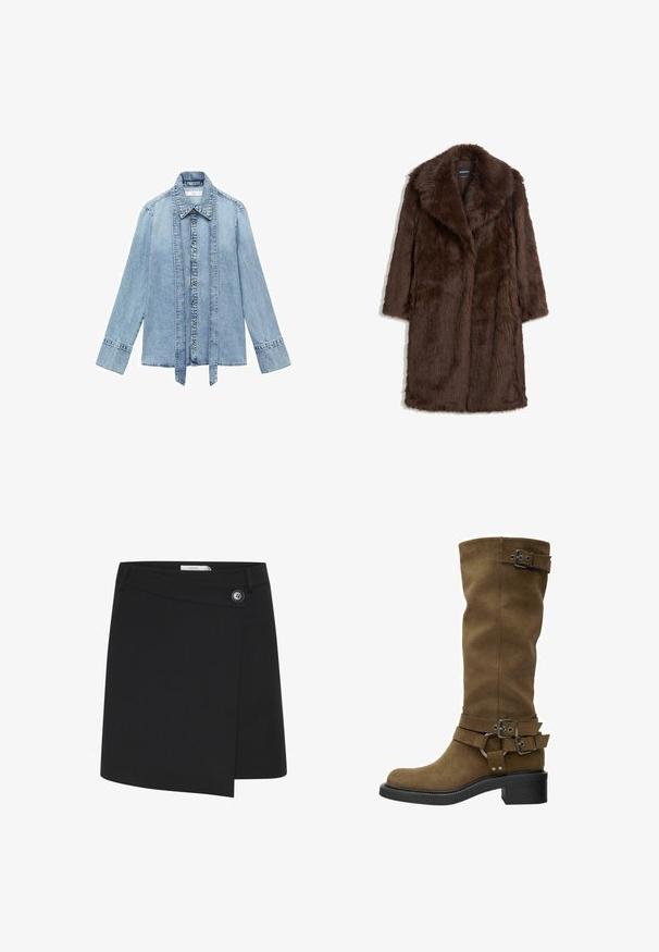 Brown faux fur coat featuring a wide collar, long sleeves, and a mid-length design with a soft, textured finish.; Light blue denim long-sleeve shirt with front button closure, pointed collar, and extended vertical denim straps hanging along the button line.; Black wrap skirt made from a smooth fabric, featuring a side button detail and an asymmetrical hem for a structured appearance.; Tall brown suede boot with a rounded toe, black rubber sole, and decorative buckles around the shaft and ankle. Smooth texture, no visible patterns.