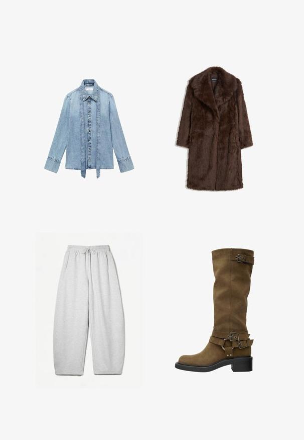 Smeđa kaput od umjetnog krzna s širokim ovratnikom, dugim rukavima i srednjom duljinom, s mekim, teksturiranim završetkom.; Svijetloplavi traper košulja dugih rukava s prednjim zatvaranjem na dugmad, oštrim ovratnikom i produženim vertikalnim traper trakama koje vise duž linije dugmadi.; Svijetlosivi dukserica s opuštenim krojem, elastičnim pojasom, vezicom i bočnim džepovima; izrađeni od mekanog, teksturiranog materijala.; Visoki smeši čizme od antilopa sa zaobljenim vrhom, crnom gumenom đonom i dekorativnim kopčama oko okvira i gležnja. Glatka tekstura, bez vidljivih uzoraka.