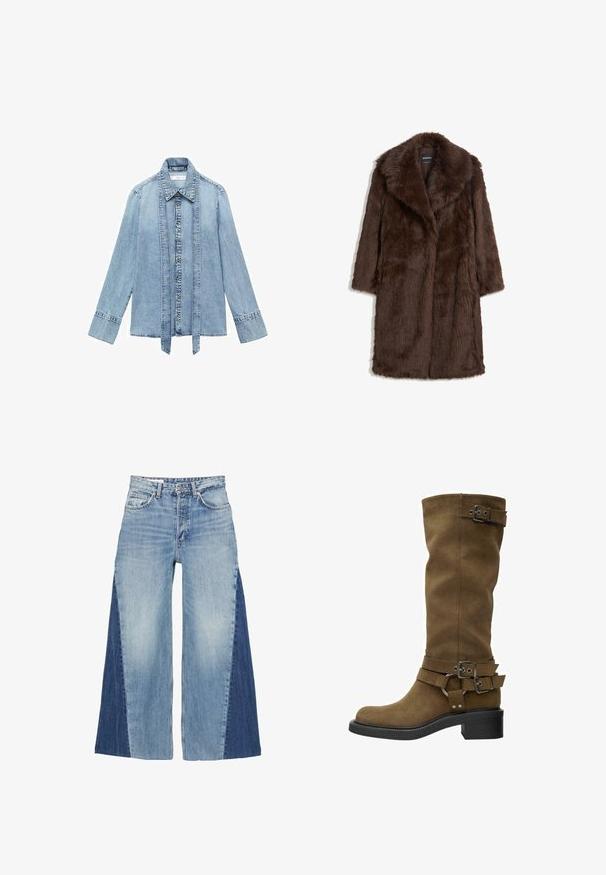 Bruine nepbontjas met een brede kraag, lange mouwen en een middellange ontwerp met een zachte, gestructureerde afwerking.; Lichtblauwe denim overhemd met lange mouwen, sluiting met knopen aan de voorkant, spitse kraag en verlengde verticale denim banden die langs de knopenlijn hangen.; Wijduitlopende jeans van blauwe denim, met een gradient ontwerp met lichtblauwe en donkerblauwe panelen. Klassieke vijf-pocket stijl en een rits aan de voorkant.; Hoge bruine suède laars met een ronde neus, zwarte rubberen zool en decoratieve gespen rond de schacht en enkel. Glad textuur, geen zichtbare patronen.