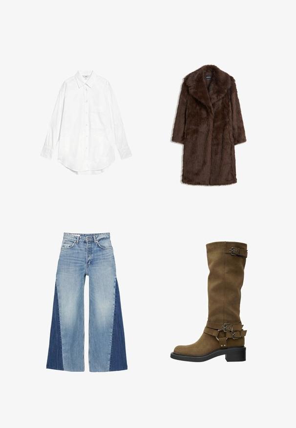 Brun faux fur frakke med bred krave, lange ærmer og et mellemlangt design med en blød, tekstureret overflade.; Marks & Spencer OVERSIZED - Skjortebluser - white; Bredde ben jeans lavet af blå denim, med et gradientdesign med lyse og mørke blå paneler. Klassisk fem-lomme stil og front lynlås.; Høj brun ruskindstøvle med rund tå, sort gummisål og dekorative spænder omkring skaftet og anklen. Glat tekstur, ingen synlige mønstre.