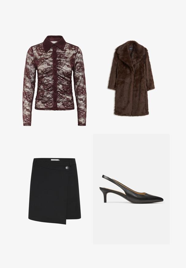 Brun faux fur frakke med bred krave, lange ærmer og et mellemlangt design med en blød, tekstureret overflade.; Burgunderfarvet bluse i blonde med lange ærmer, der har krave, knaplukning og blomster mønster med rynkede detaljer.; Sort omslagskørt lavet af et glat stof, med en sidelukning og en asymmetrisk kant for et struktureret udseende.; Sort læder slingback-pumps med spids tå og lav kitten-hæl, vist fra siden på en ens hvid baggrund.