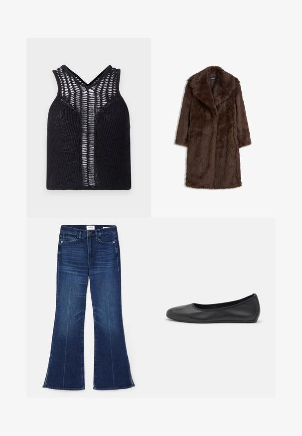 Palton din blană sintetică maro, cu un guler larg, mâneci lungi și un design de lungime medie, cu un finisaj moale și texturat.; Top din tricot negru, cu decolteu în V, având panouri transparente cu dungi pe față. Textură canalată și potrivire ajustată.; Jeans evazate de culoare albastră închisă, fabricate din denim. Prezintă o talie înaltă, buzunare frontale și detalii cu fante la tiv. Design clasic cu cinci buzunare.; Balerini din piele neagră, cu vârf rotund, textură netedă, detalii de cusătură minimale și un design al tălpii flexibil.