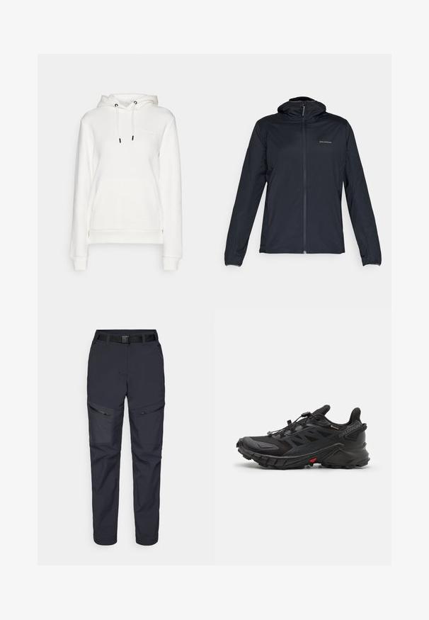 Kevyt musta tuulipusakka hupulla, täysvetoketjulla, pitkillä hihoilla ja hillityllä logokoristeella rinnassa. Sileä, matta pinta.; Peak Performance ORIGINAL SMALL LOGO - Huppari - offwhite; Merin ulkoiluhousut, jotka on valmistettu synteettisestä materiaalista. Housuissa on vetoketjullisia taskuja, vyö ja kapeasti muotoiltu lahje. Tasainen pinta ja vähäiset yksityiskohdat.; Musta urheilukenkä, jossa on teksturoitu päällinen, turvallinen nauhoitusjärjestelmä, pehmeä pohja ja erottuva punainen yksityiskohta sivulla.