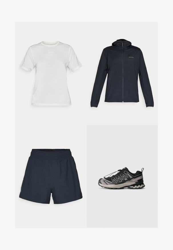 Lekka czarna kurtka wiatrówka z kapturem, pełnym zamkiem błyskawicznym, długimi rękawami i subtelnym logo na piersi. Gładka, matowa faktura.; Biała koszulka sportowa z krótkim rękawem, wykonana z siateczkowego materiału, z okrągłym dekoltem i małym logo "Salomon" umieszczonym na środku klatki piersiowej.; Ciemnoniebieskie szorty sportowe wykonane z lekkiego materiału. Elastyczny pas, luźny krój i brak widocznych kieszeni oraz wzorów.; Czarno-szare buty sportowe z siateczkową cholewką, gumową podeszwą i elastycznym systemem sznurowania. Posiadają wzmocniony czubek i teksturowane akcenty.