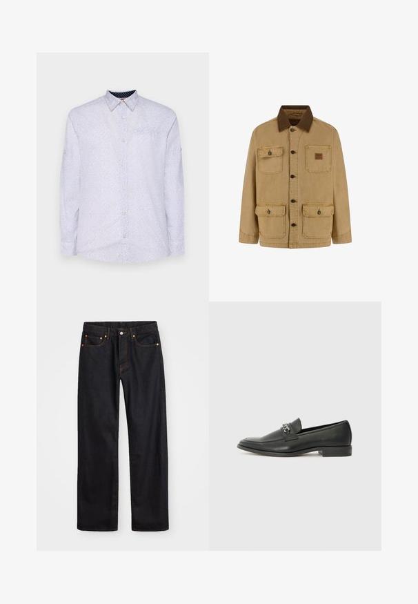 Pruun nööpidega jakk nelja esipocketiga, kaks klappide ja nööpidega, ning kontrastse tumepruuni kraega.; Valge pika varrukaga särk, millel on väiksed tumesinised täpid, nööbiga krae ja rinna tasku. Omab nööbiga mansette ja sileda tekstuuri.; Meeste sirge jala mustad denim teksad viie taskuga, oranž õmblus, nupu ja tõmblukuga ees nagu vöökoht.; Must haveate nahkking punased, millel on sile viimistlus, tikitud muster ja dekoratiivne metallkett vampi üle. Tasane konts.