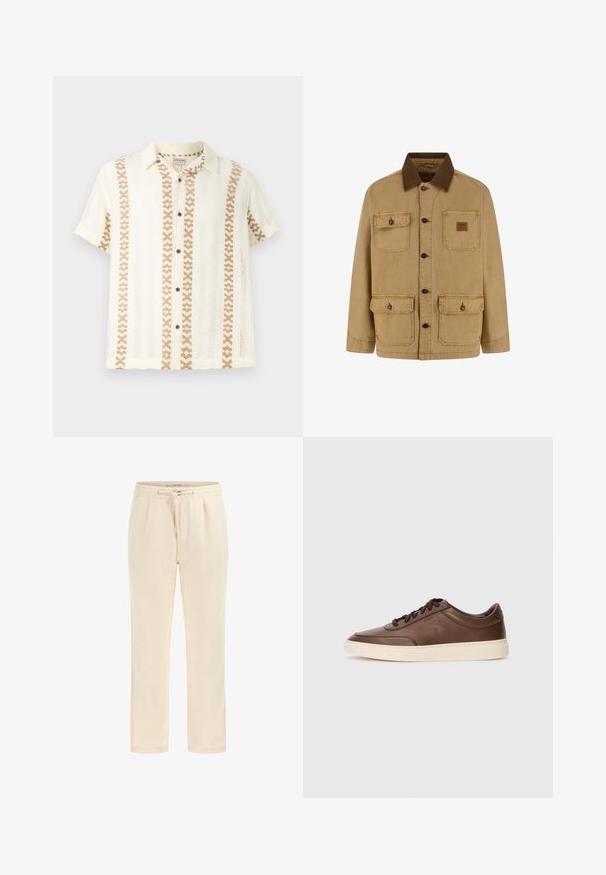 Rudas mygtukų striukė su keturiomis priekinėmis kišenėmis, dvi iš jų su skląsčiais ir mygtukais, ir tamsiai rudomis kontrastinėmis apykaklėmis.; Trumpas rankovės mygtukų marškiniai bežinėje ir kreminėje spalvose, su audiniu su raštais ir tekstūruotu paviršiumi. Daugiaspalvė juostelėdė dizainas priekyje.; Kamščių spalvos sportinės kelnės pagamintos iš minkštos medžiagos, su elastingu liemeniu, raišteliu ir šoninėmis kišenėmis. Tiesaus kirpimo dizainas su lygiu paviršiumi.; Rudos odinės sportbačiai su lygiu paviršiumi, apvaliu kulnu ir grietinėlės spalvos guma. Su juodomis raištelėmis ir subtiliu ženklinimu šone.