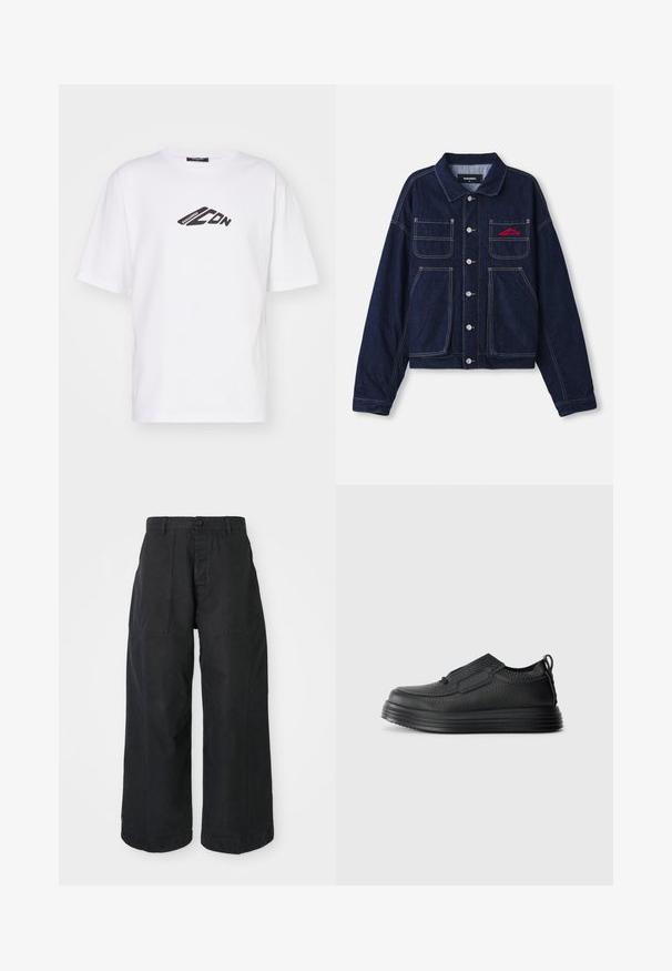 Donkerdenim jasje met een kraag, knopen aan de voorkant, twee borstzakken en een geborduurd logo in het rood. Heeft contrasterende gele stiksels.; Witte katoenen t-shirt met een zwart grafisch logo op de borst. Korte mouwen, ronde hals en een relaxte pasvorm.; Zwarte wijde broek van canvasmateriaal met een knoopsluiting, voorzien van twee voorzakken en een ontspannen pasvorm.; Zwarte leren instapschoen met een gestructureerd oppervlak, dikke ribbelzool en een lipje aan de hak, weergegeven in zijaanzicht op een witte achtergrond.