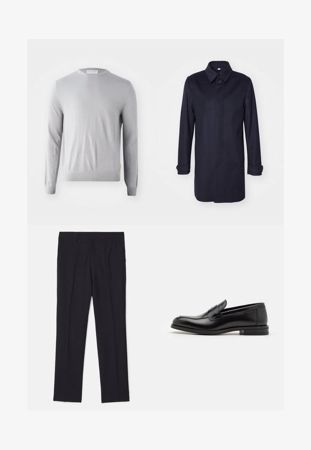Tumedast sinine villane müts, millel on terav kaelus, üks nööbiga kinnitamine ja kaks esitaskut. Omab pikki varrukaid nööpidega mansettidega ning sirget siluetti.; Heled halli pikka varrukaga sviiter ümaratse kaelusega, valmistatud pehmest kangast, millel on siledat tekstuuri ja soonikkoes varrukaotsad ning serv.; Mustad kohandatud püksid, mis on valmistatud sileda kangaga, tähistatud kahe küljetaskuga, sirge jala kujundusega ning ilma nähtavate mustrite või aktsentideta.; Mustad mustad nahast loafers sileda tekstuuriga, ümarat ninaosa ja dekoratiivne riba vampi üle. Madal kihiline konts, minimalistlik disain.